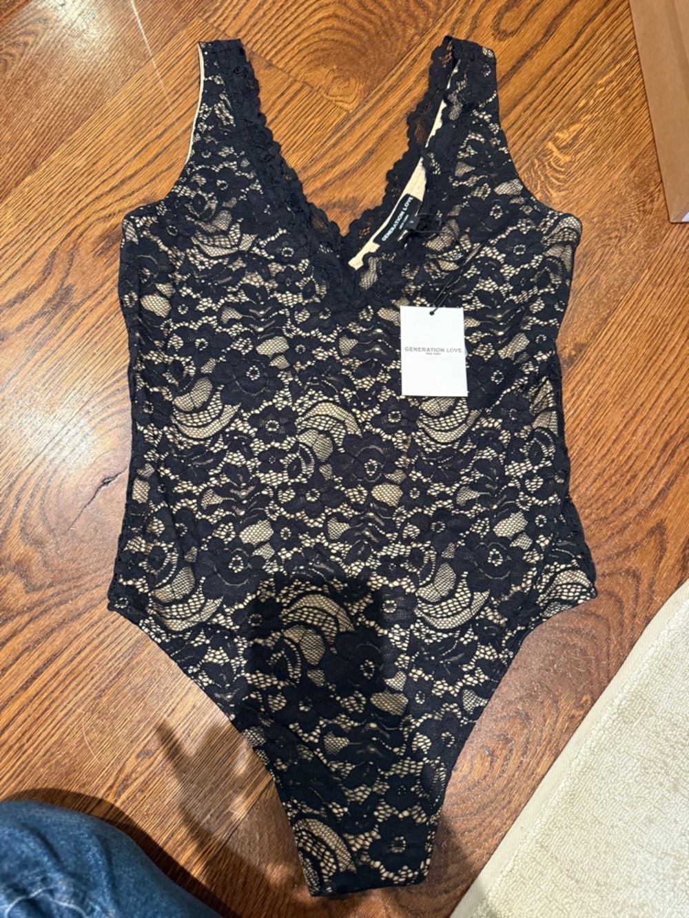 Generation Love Black Lace V-Neck Bodysuit with Nude Lining